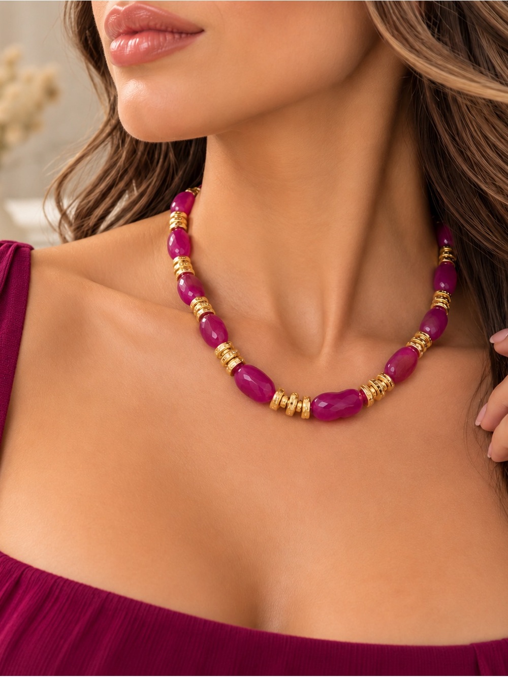 Gold and Fuchsia Beaded Necklace